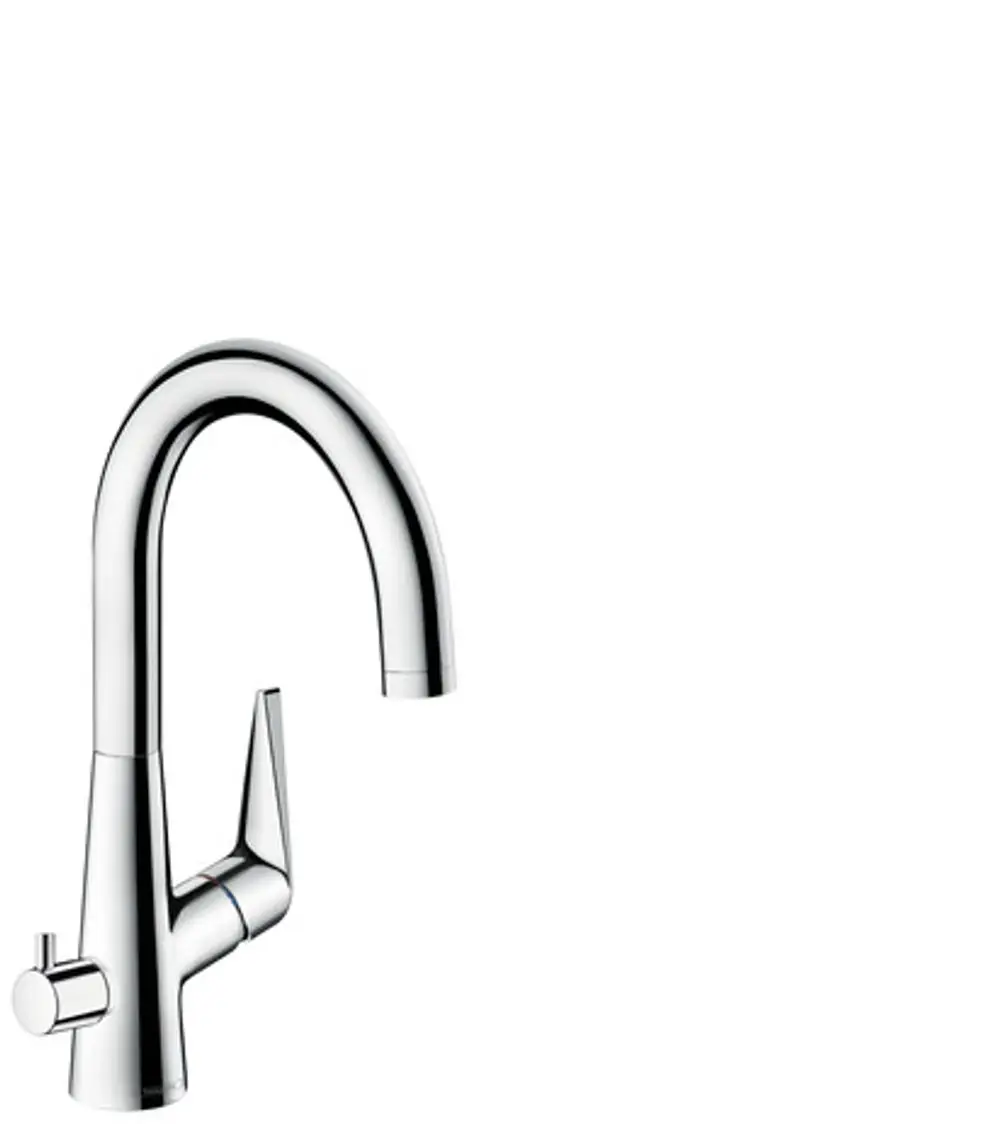 Hansgrohe Küchenarmatur in verchromtem Finish mit einem geschwungenen Auslauf und einem seitlichen Hebel für die Regulierung des Wasserflusses.